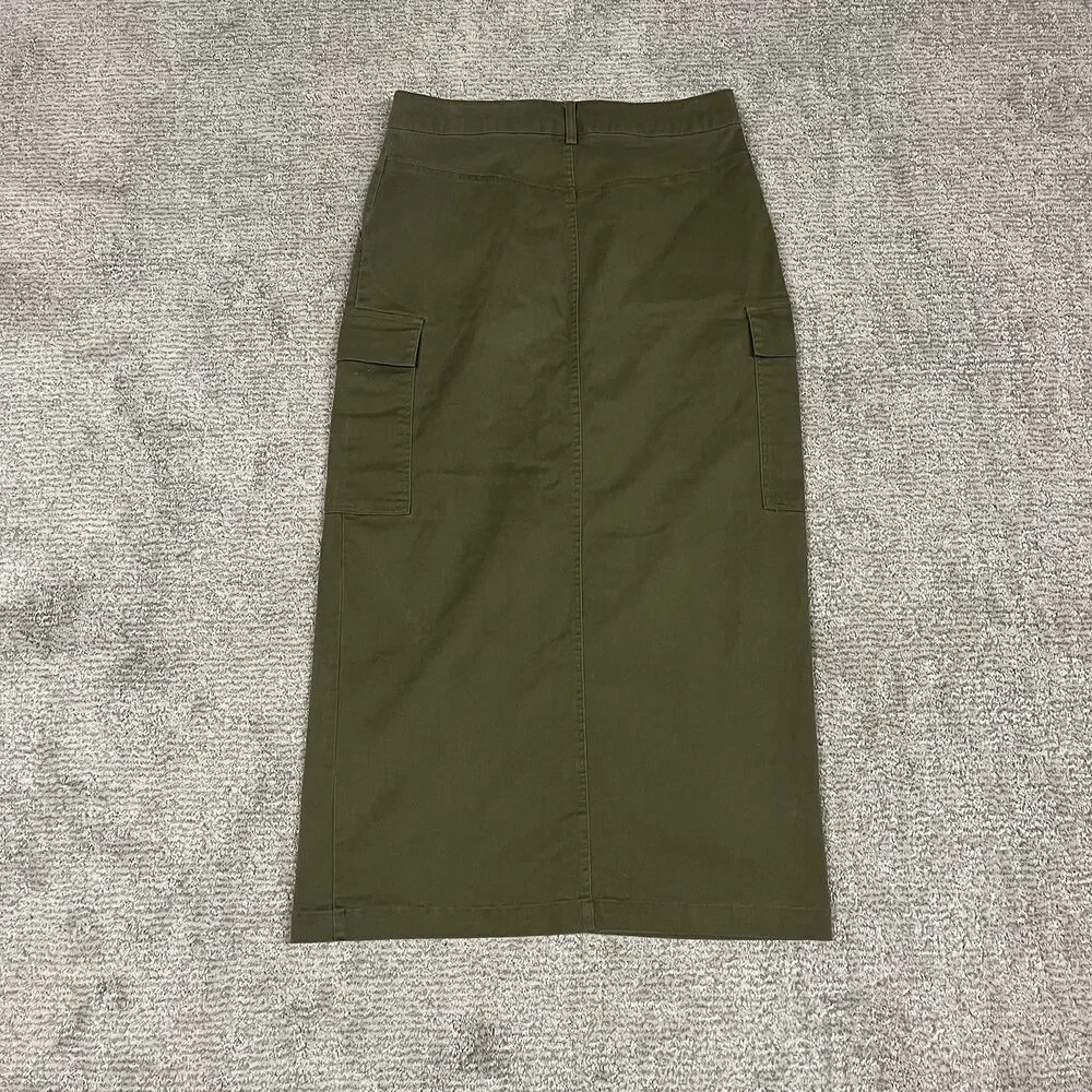 Jason Wu Skirt Womens XS Green Cotton Front Slit Maxi Cargo Pockets Classic